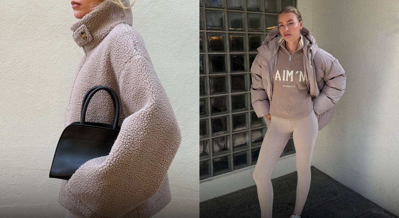 Model wearing Pile Anorak and Moment Puffer Jacket from Warming Collection