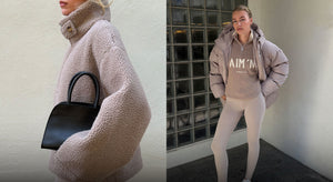 Model wearing Pile Anorak and Moment Puffer Jacket from Warming Collection