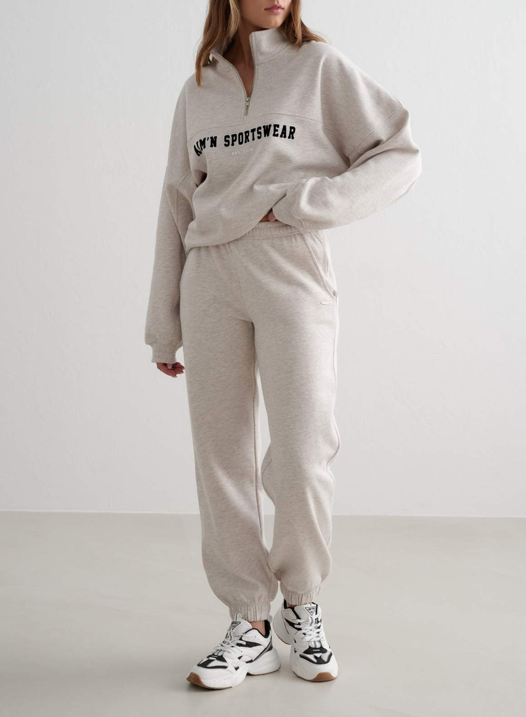 Beige Melange Varsity Sweat Half Zip – AIM'N EU